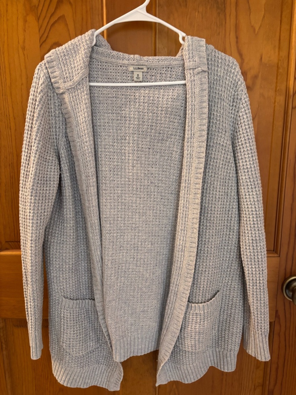 L.L. Bean Light Gray Open-Front Hooded Waffle Knit Sweater